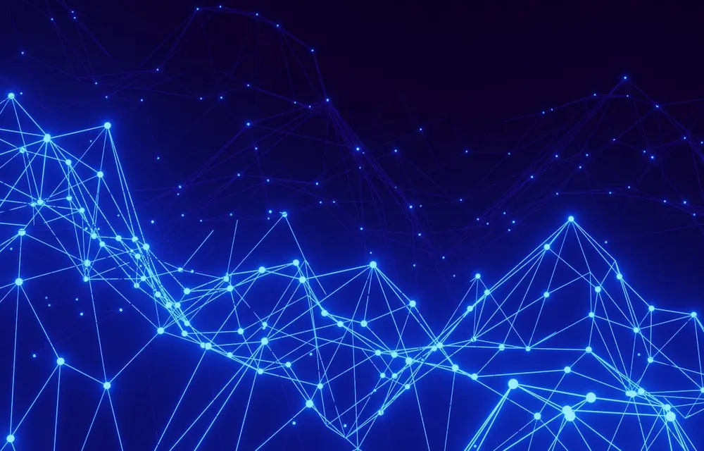 An abstract network of blue connected nodes